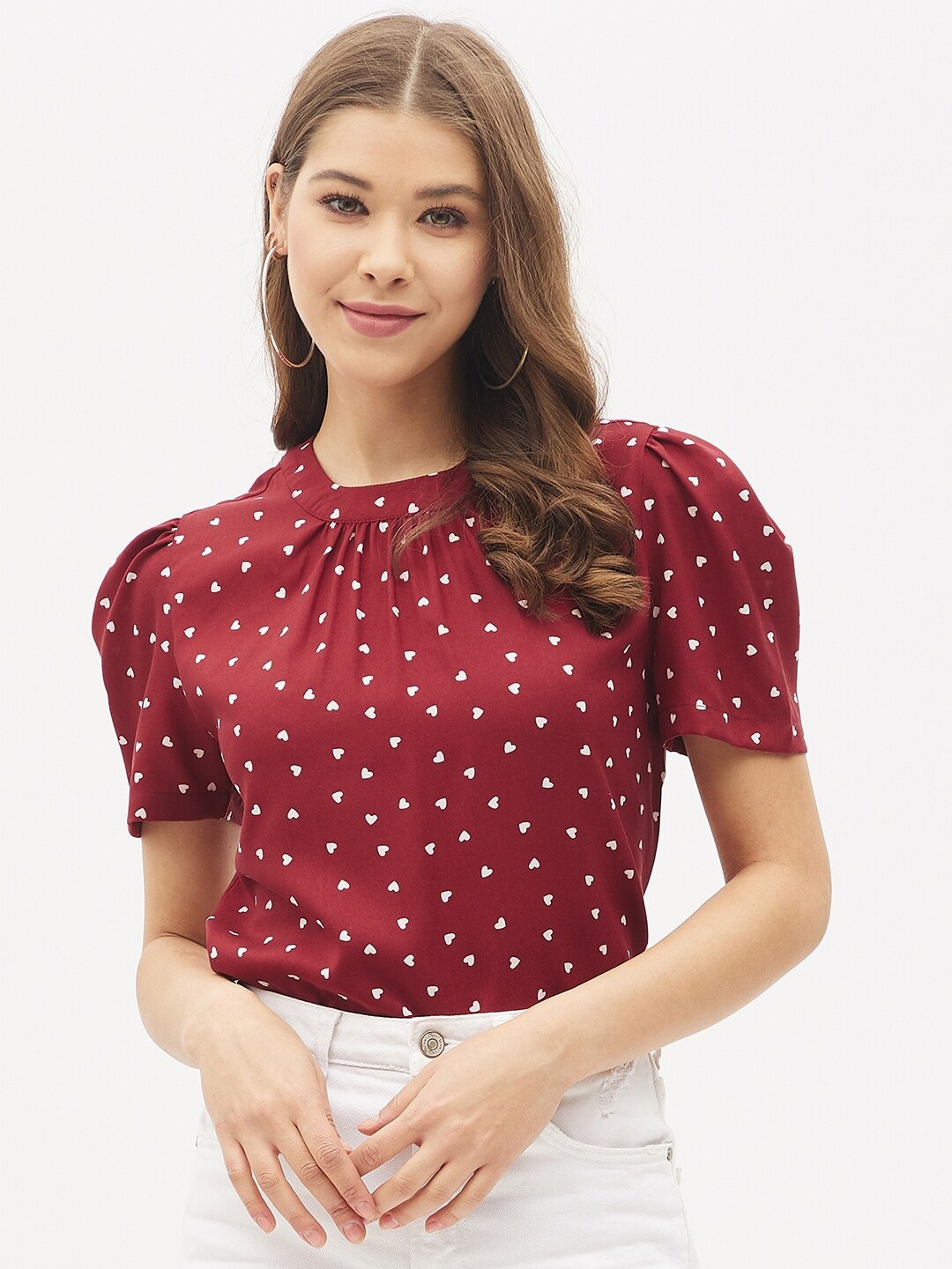 

Harpa Maroon & White Geometric Print Top