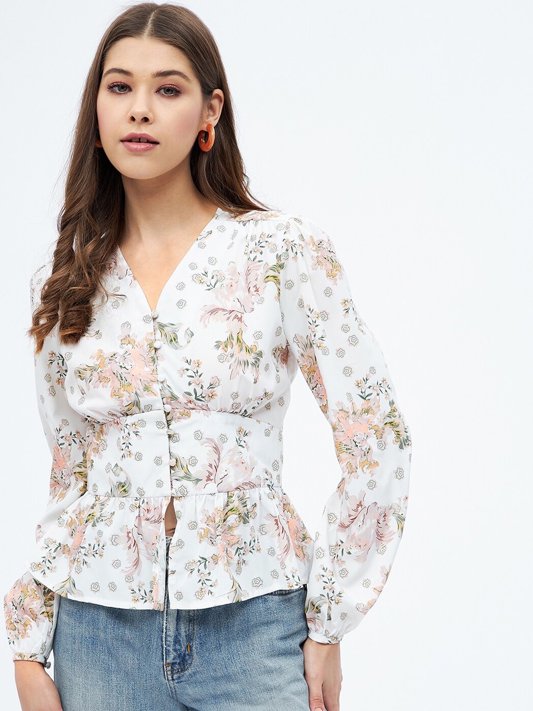 

Harpa Off White Floral Print Cinched Waist Top