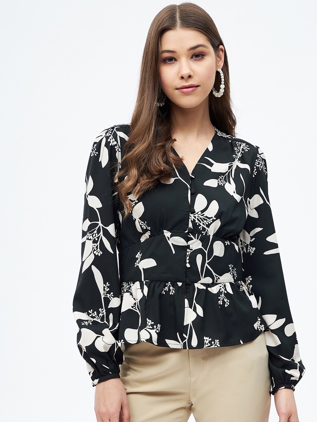 

Harpa Black Floral Print Cinched Waist Top