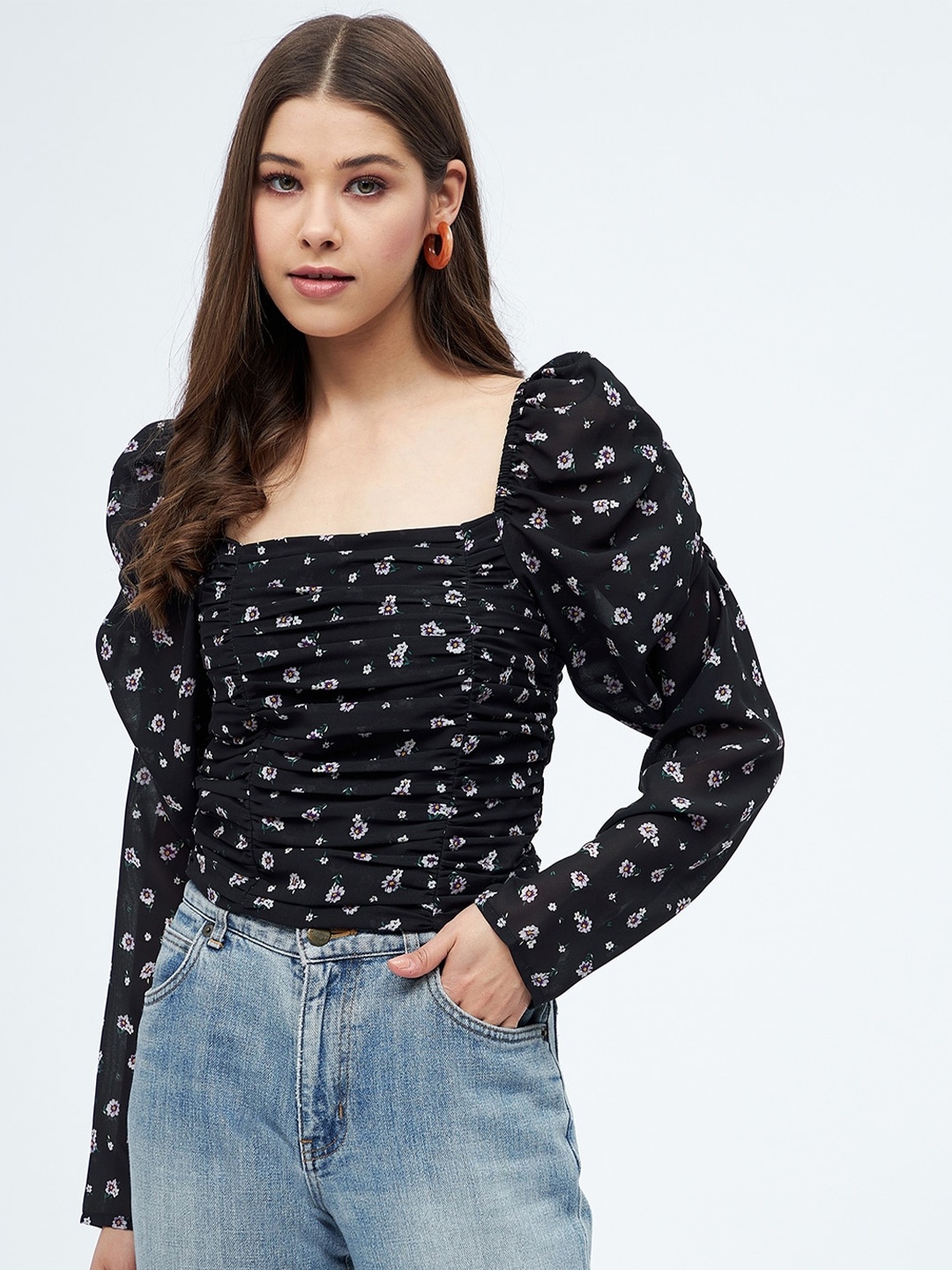 

Harpa Women Black Floral Print Georgette Top