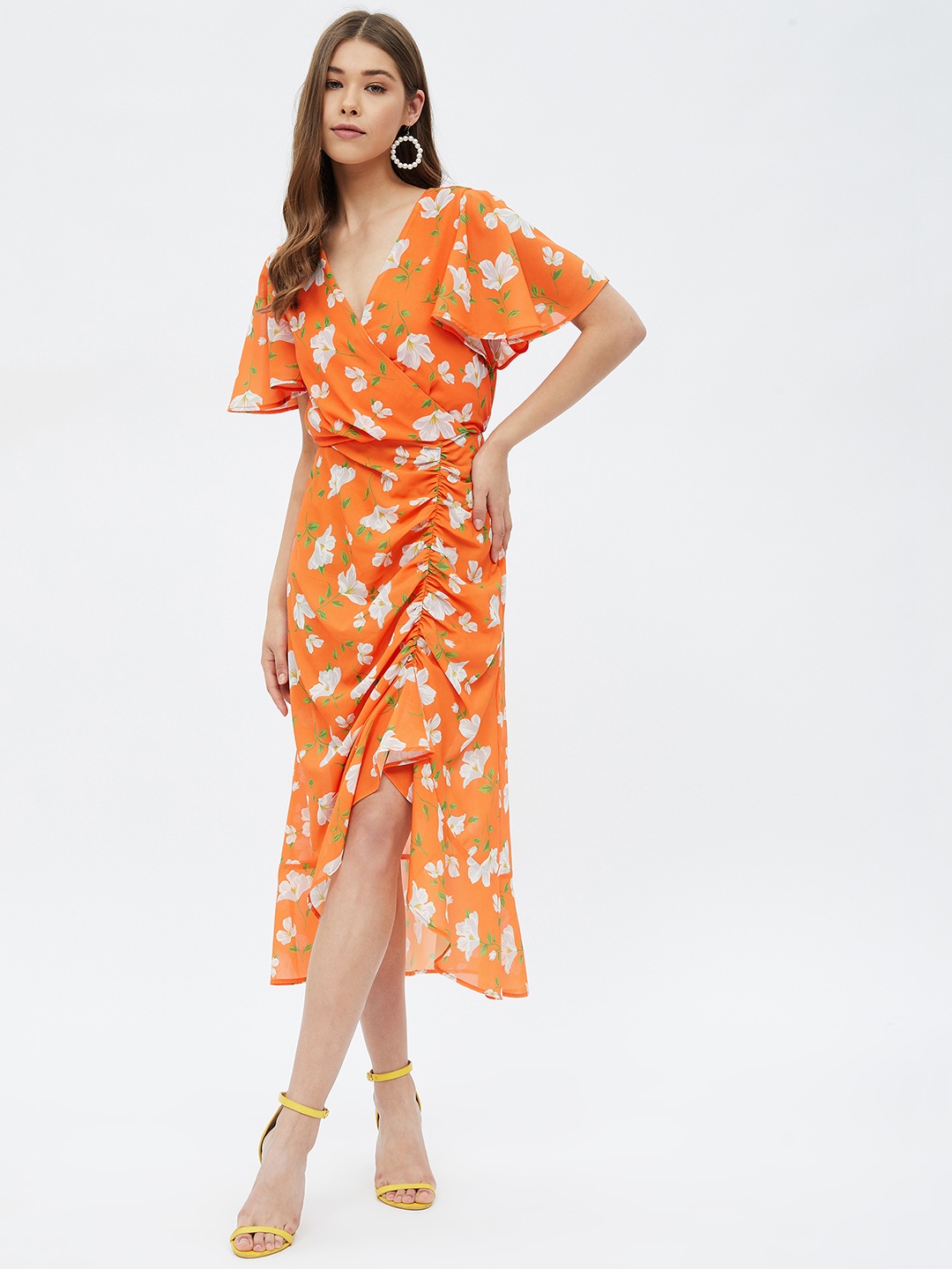 

Harpa Orange Floral Printed Georgette Wrap Midi Dress