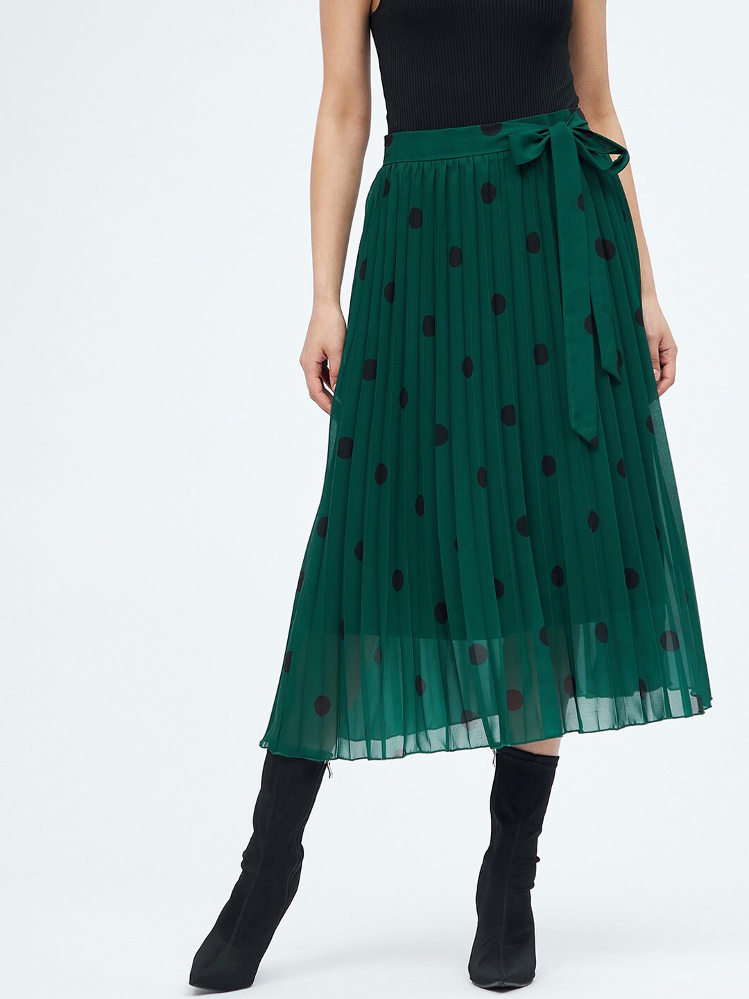 

Harpa Women Green Polka Dots Printed Flared Midi Skirts