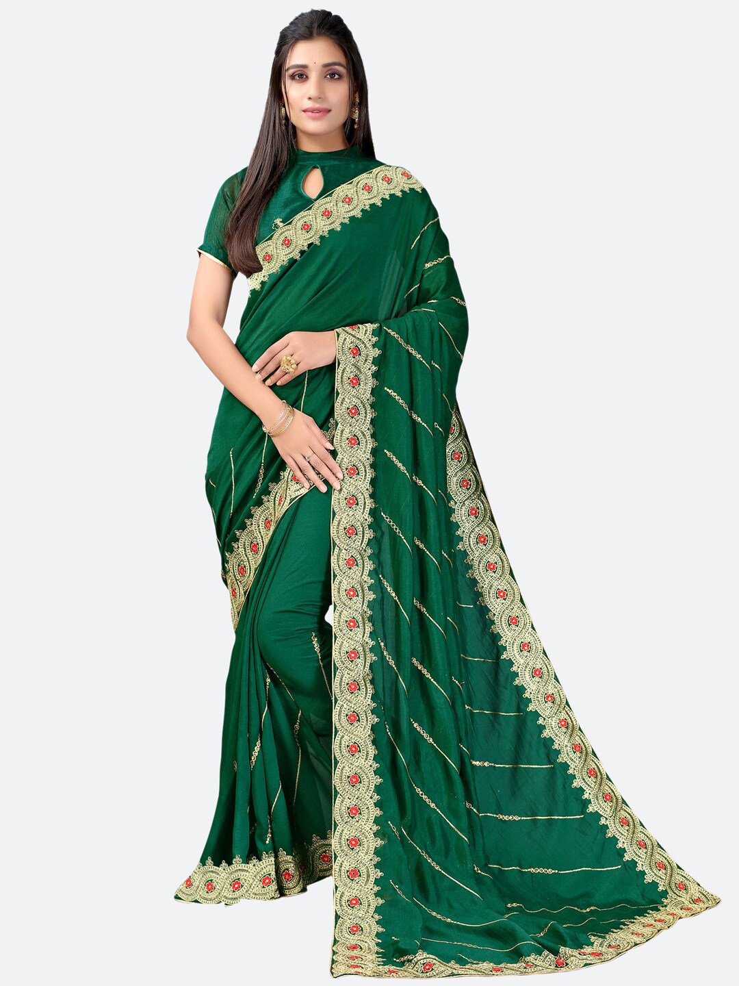 

Satrani Green & Gold-Toned Embroidered Saree