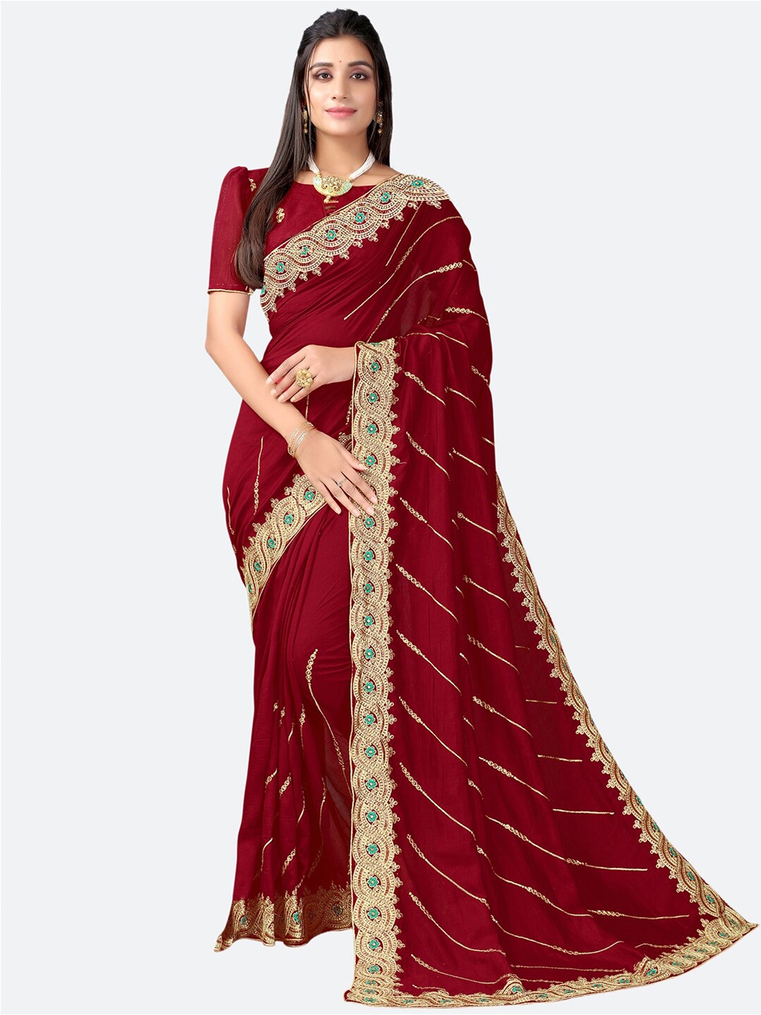

Satrani Maroon & Gold-Toned Leheriya Embroidered Saree
