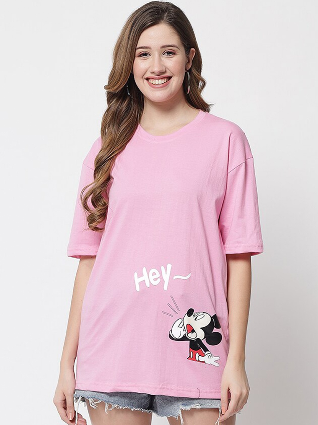 

FurryFlair Women Pink Typography Oversized Cotton T-shirt