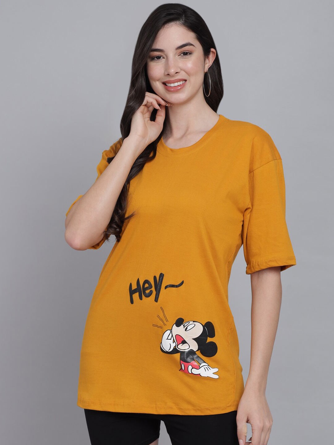 

FurryFlair Women Mustard Yellow Mickey Mouse Print Oversized T-shirt