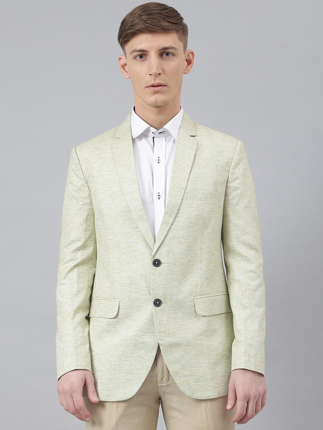 

MR BUTTON Men Lime Green Solid Single Breasted Slim-Fit Blazers