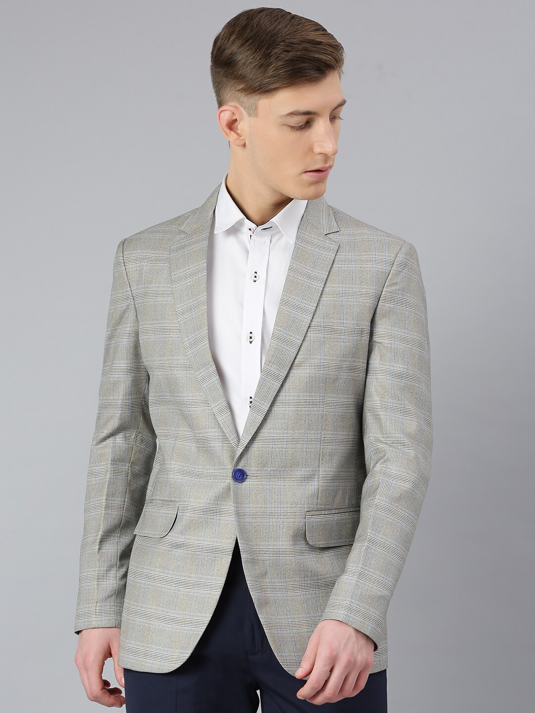 

MR BUTTON Men Beige Checked Slim Fit Single Breasted Blazer