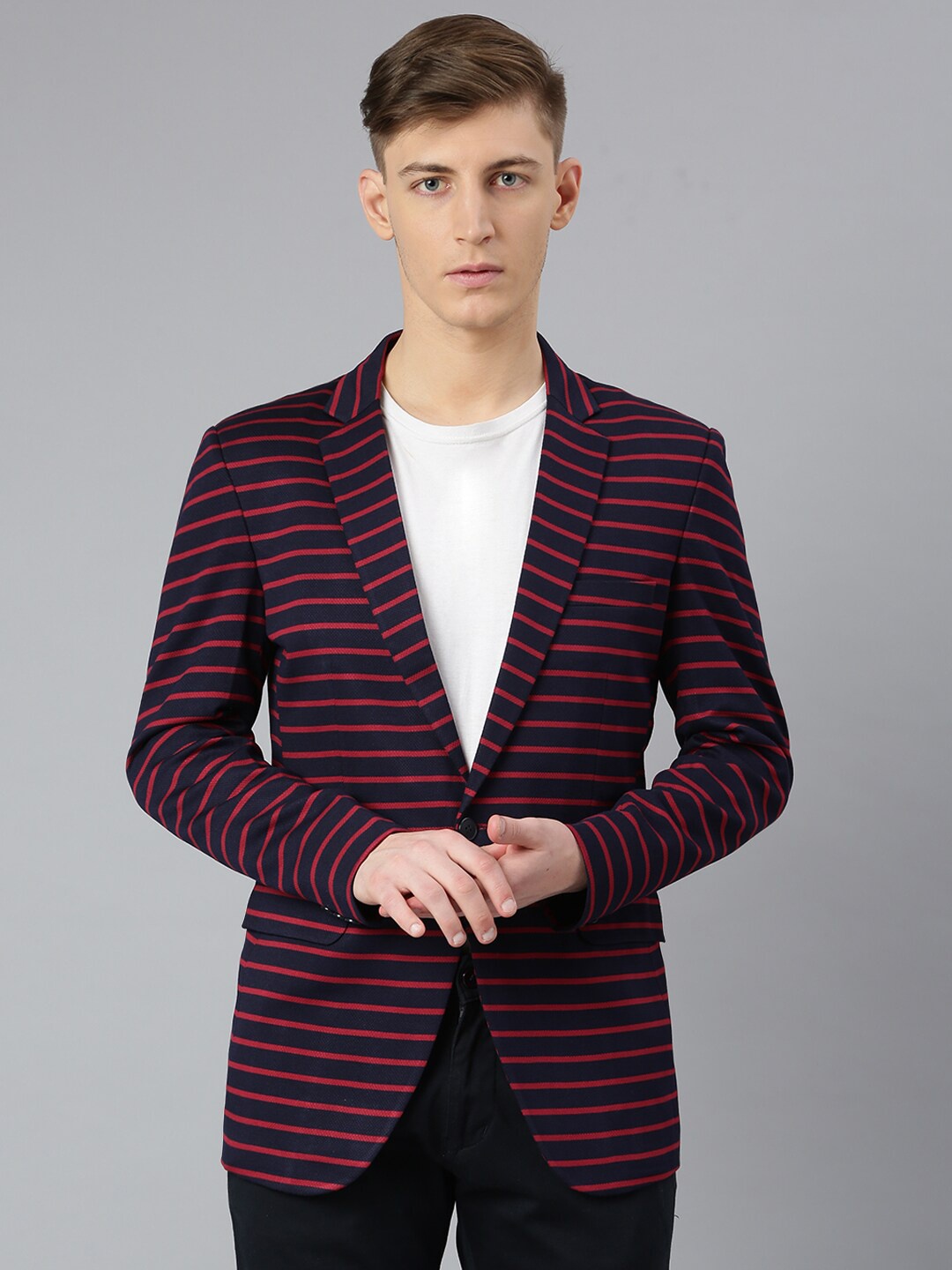 

MR BUTTON Men Navy Blue & Red Striped Single-Breasted Casual Blazer