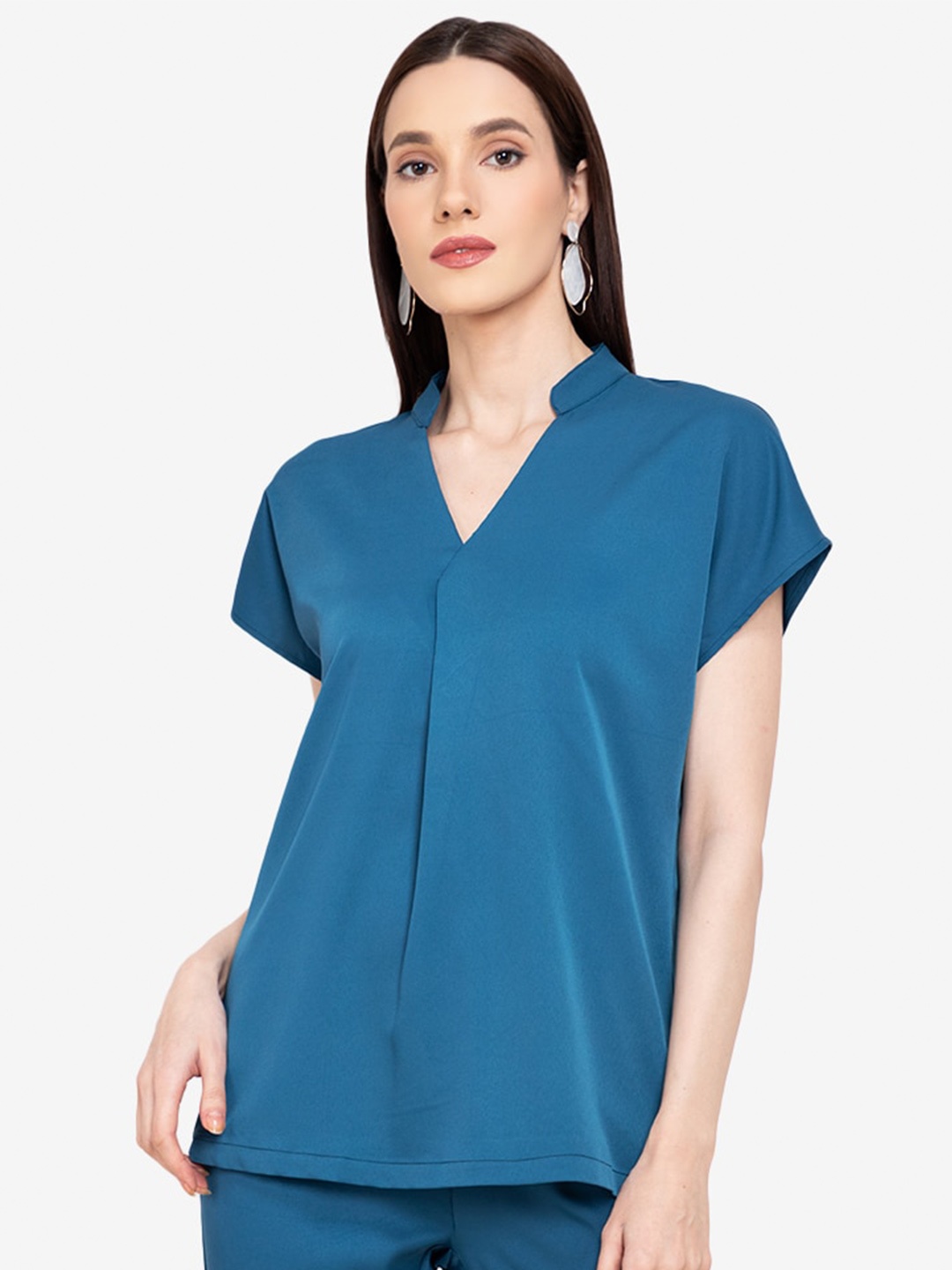 

ZALORA WORK Teal Mandarin Collar Top