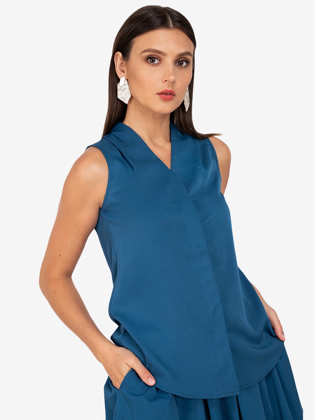 

ZALORA WORK Women Teal Blue Solid Shirt Style Top