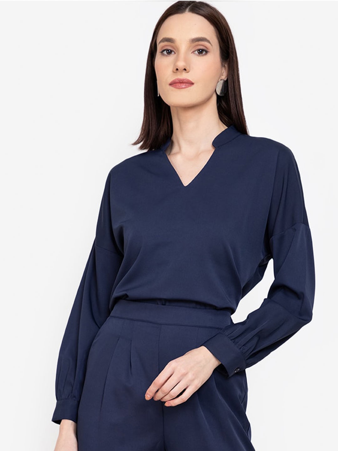 

ZALORA WORK Navy Blue V-Neck Long Sleeves Boxy Formal Top