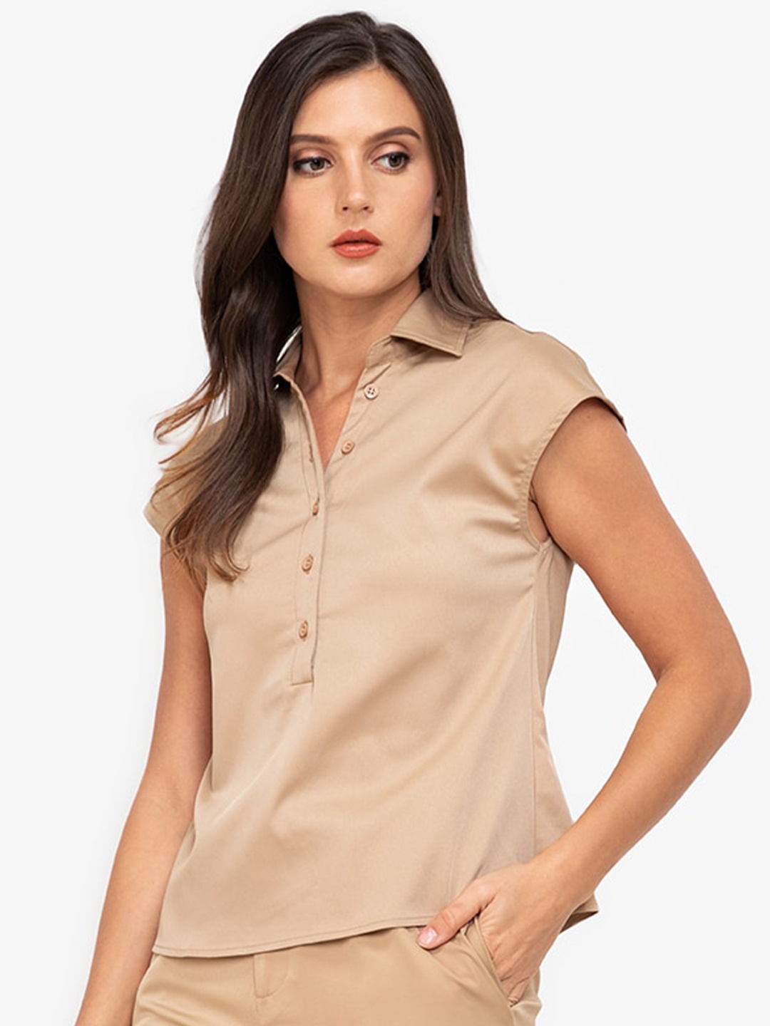 

ZALORA WORK Women Beige Solid Extended Sleeves Shirt Style Top