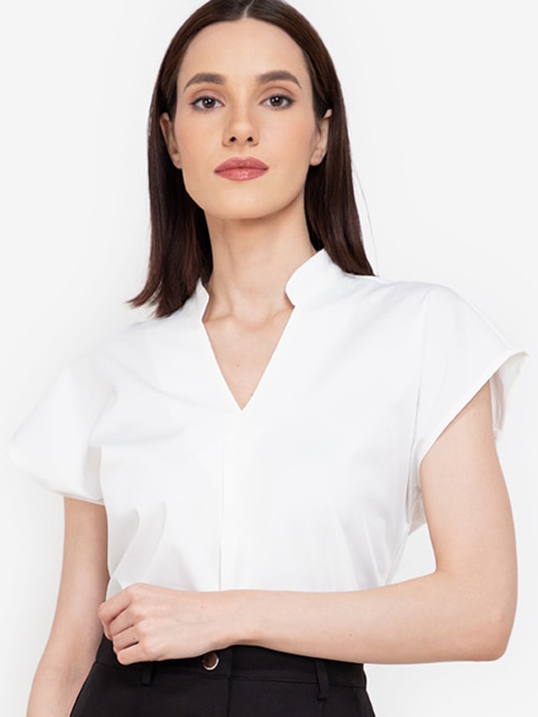 

ZALORA WORK White Solid Mandarin Collar Top