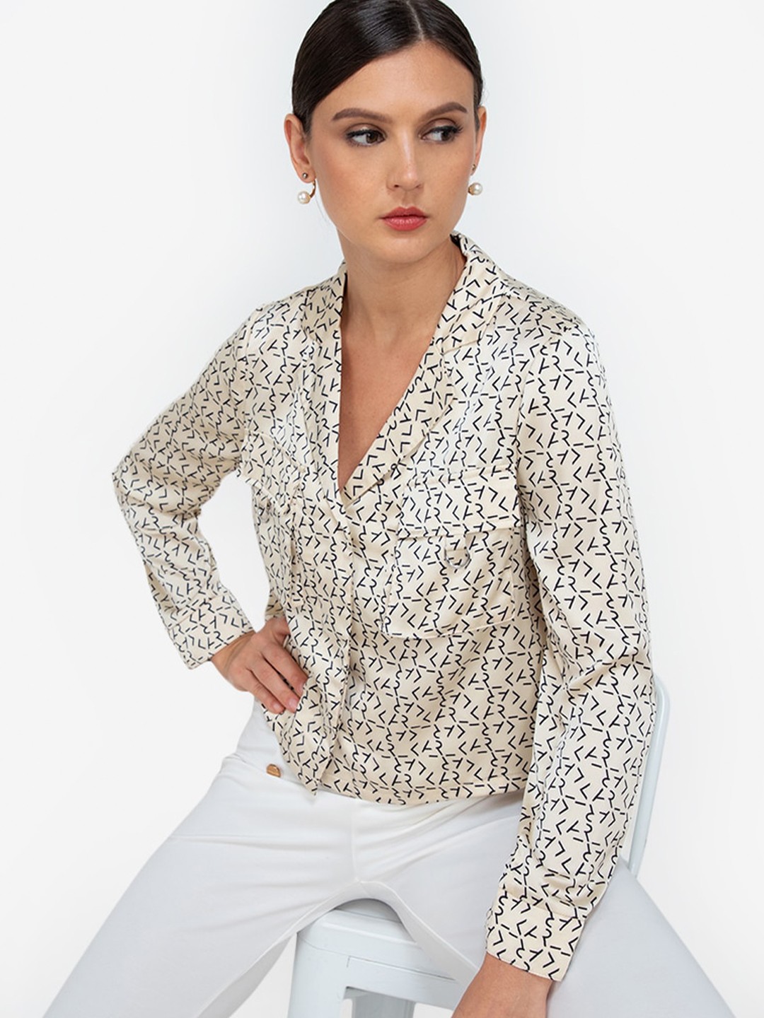 

ZALORA WORK Beige & Black Printed Long Sleeves Printed Formal Top