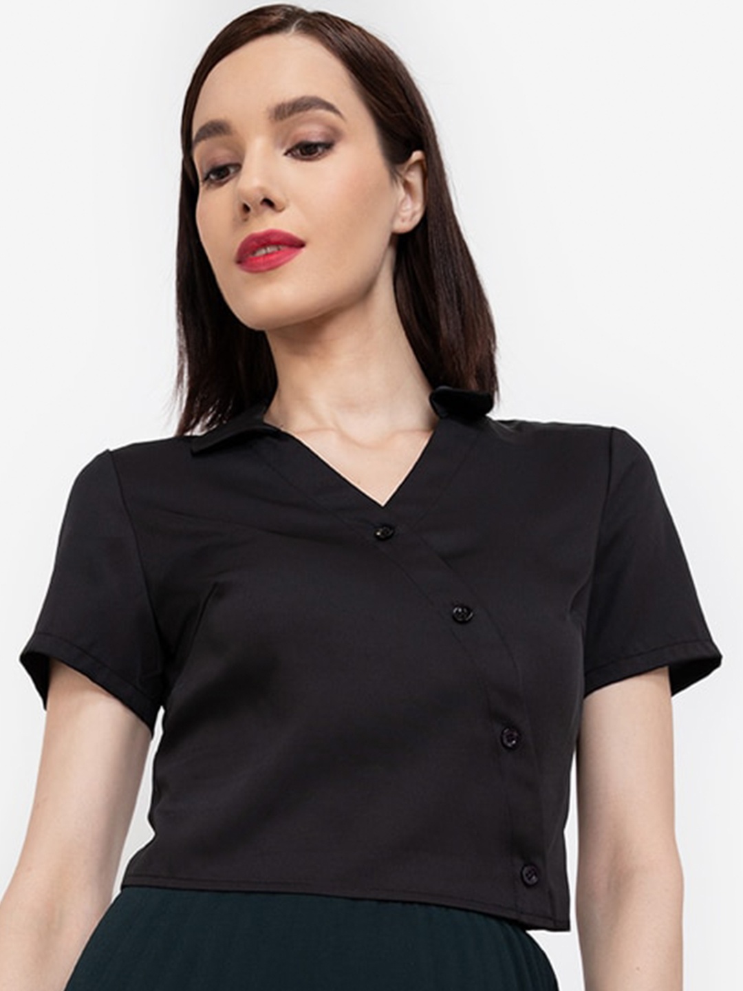 

ZALORA WORK Women Black Diagonal Placket Crop Top