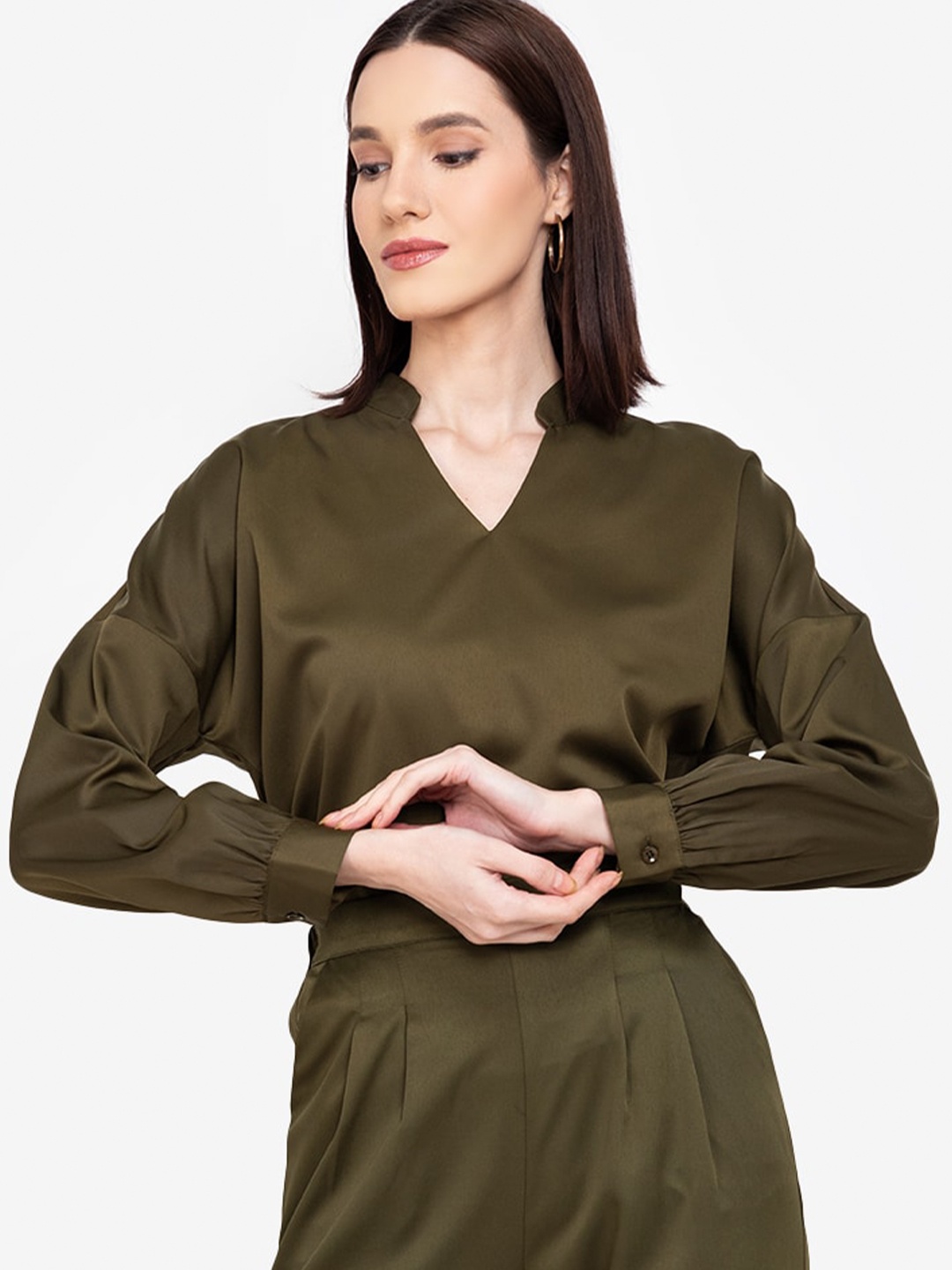 

ZALORA WORK Olive Green Mandarin Collar Drop Shoulder Sleeves Knitted Top