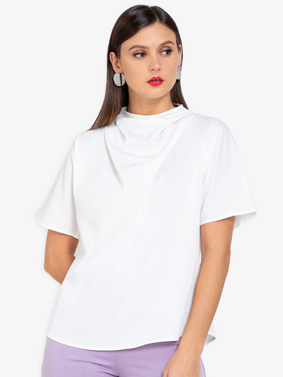 

ZALORA WORK Women White Solid Cowl Neck Tank Top