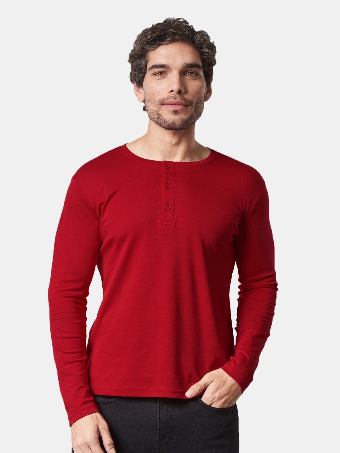 

The Souled Store Men Red Henley Neck Cotton T-shirt