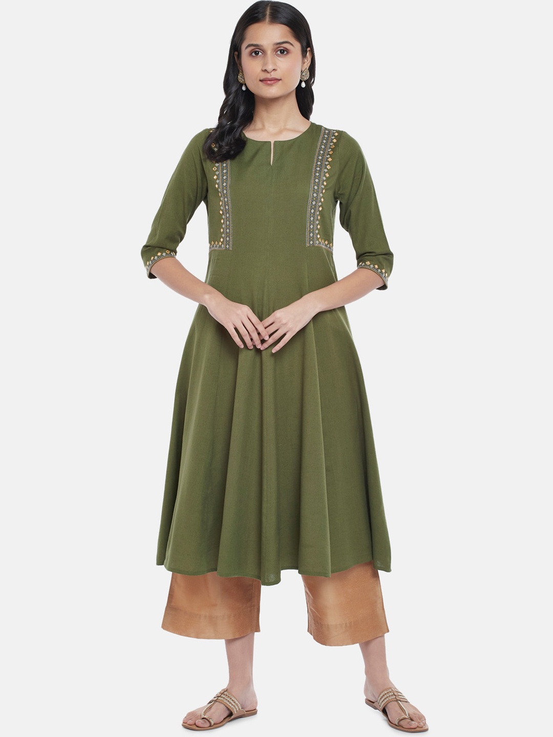 

RANGMANCH BY PANTALOONS Women Olive Green Embroidered Kurta