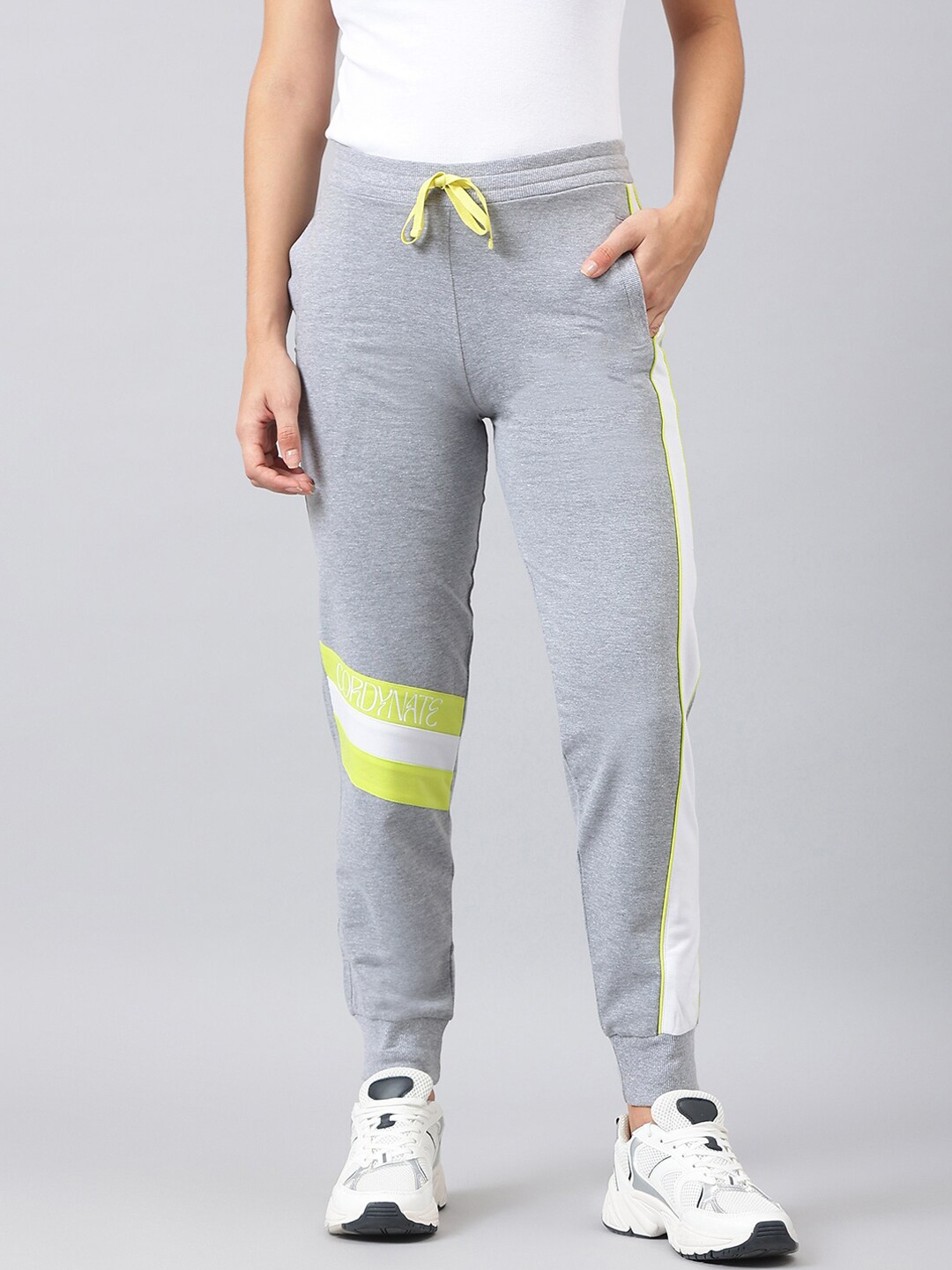 

FEMEA Women Grey & Lime-Green Colourblocked Cotton Joggers