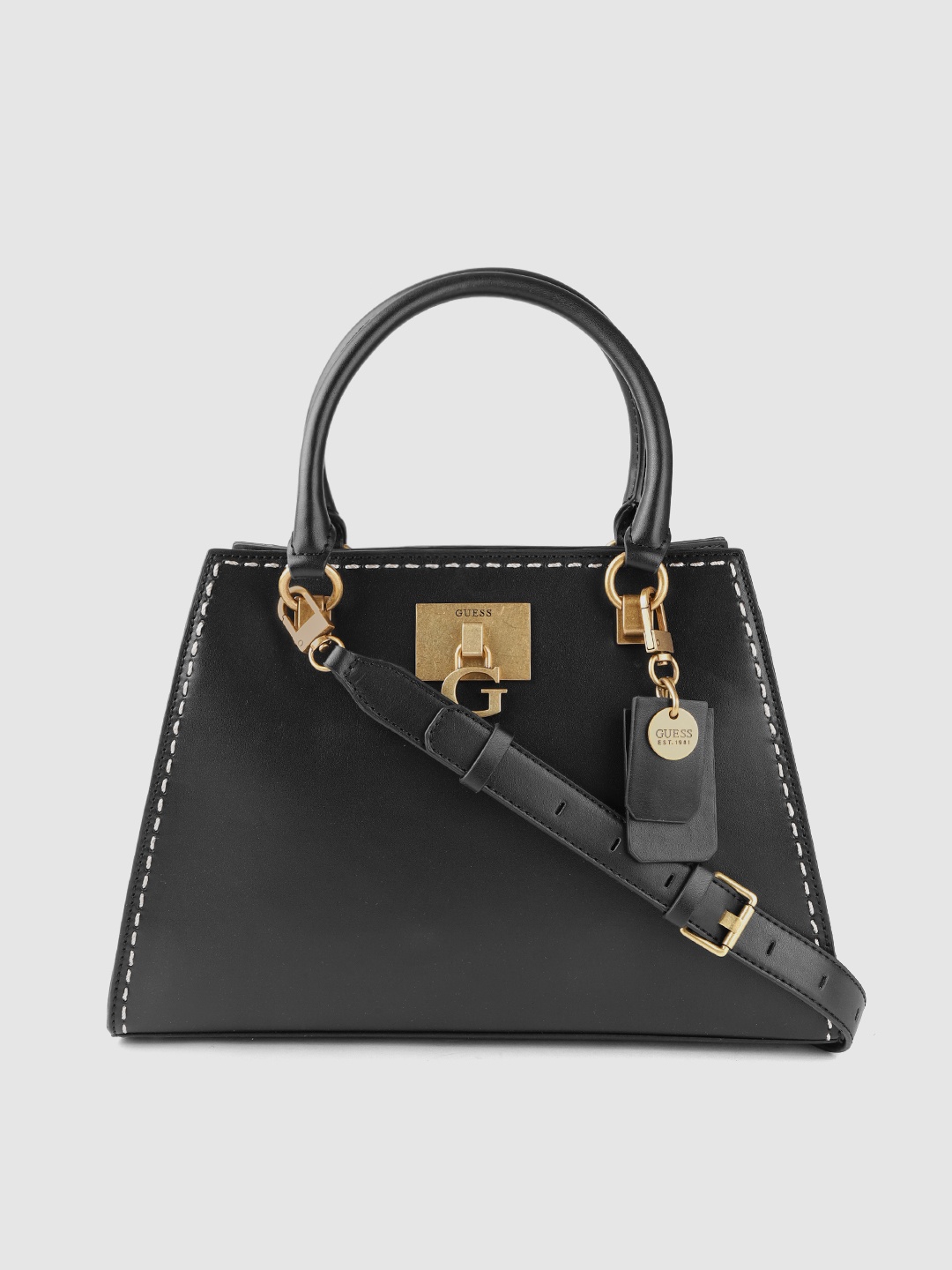 

GUESS Black Solid Embroidered Detail Structured Handheld Bag Tab & Detachable Sling Strap