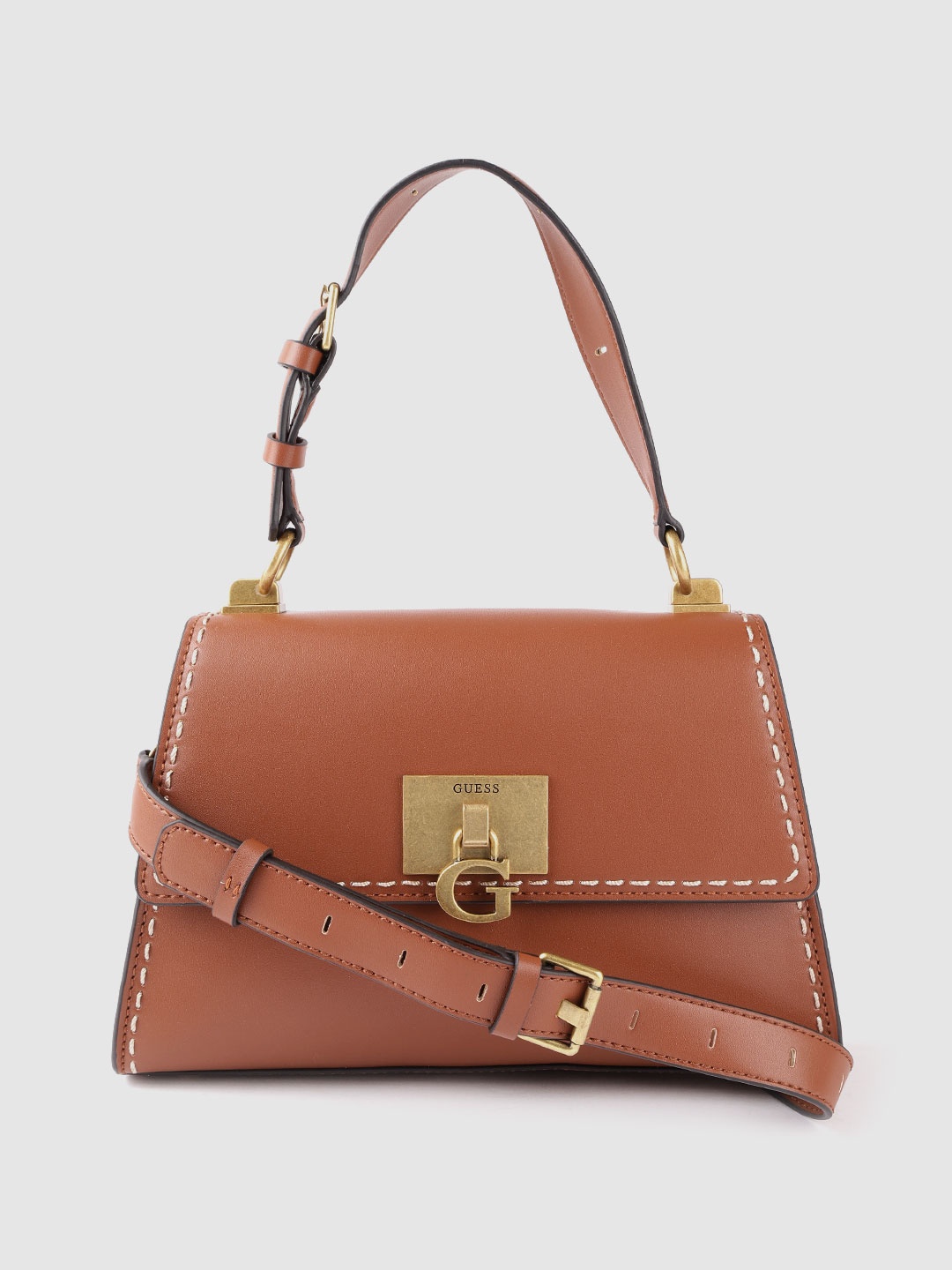 

GUESS Tan Brown Solid Thread Work Structured Satchel with Detachable Sling Strap