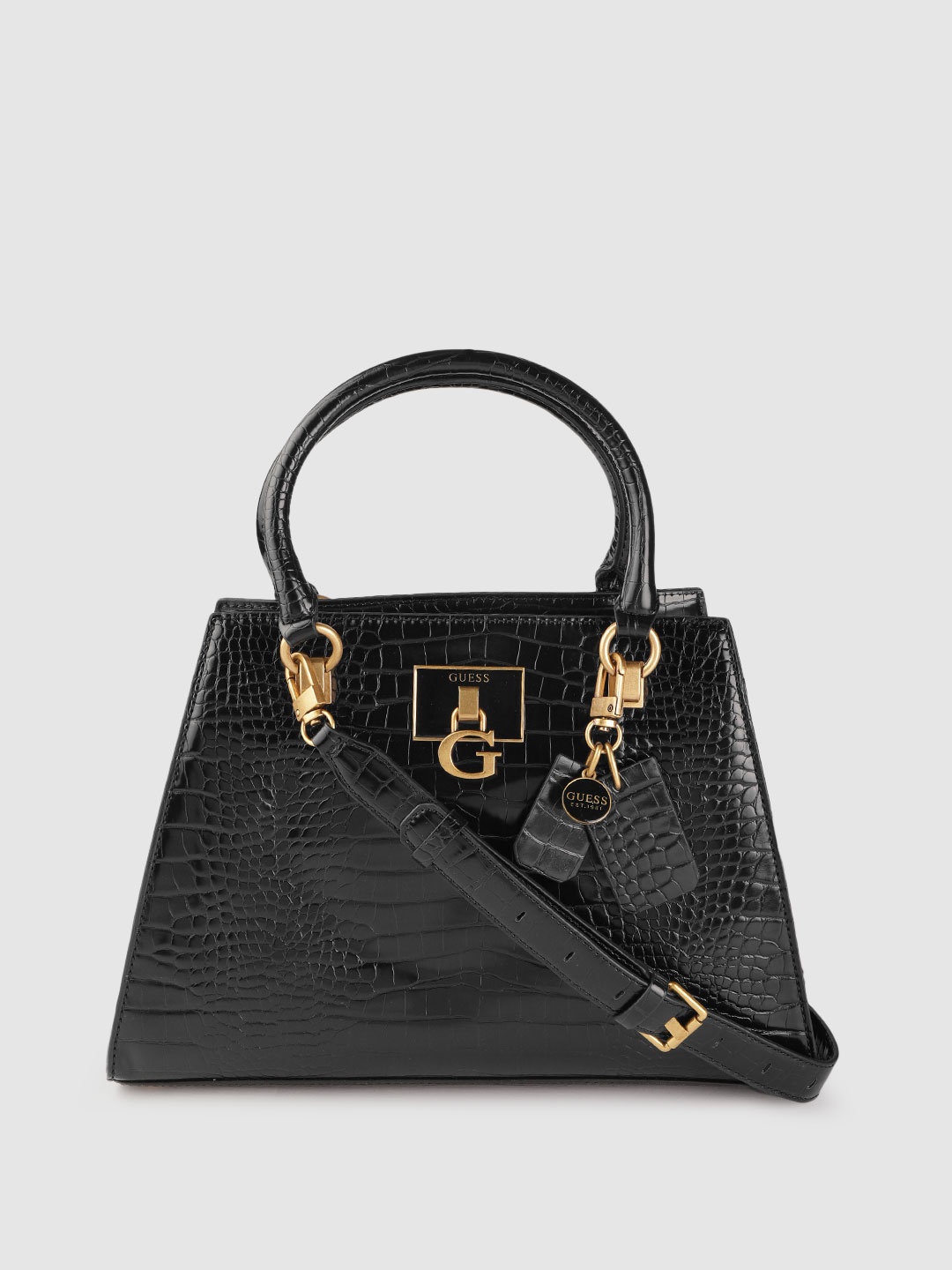 

GUESS Women Black Crocs Textured Structured Handheld Bag