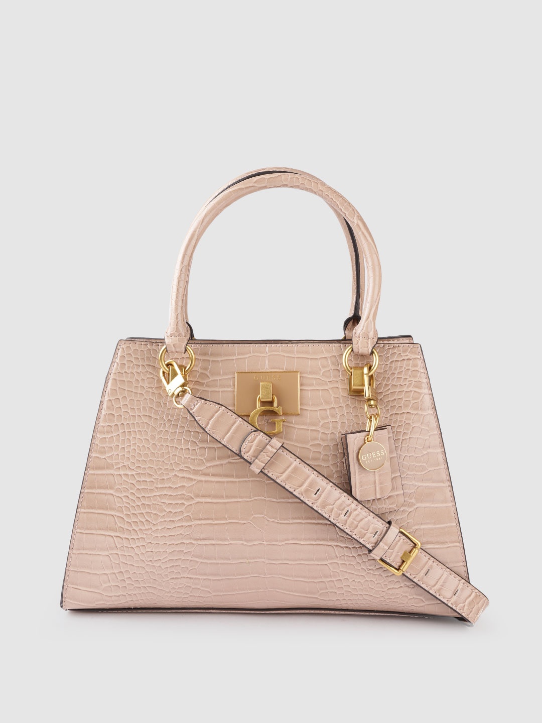

GUESS Beige Croc Textured Structured Shoulder Bag Tab & Detachable Sling Strap