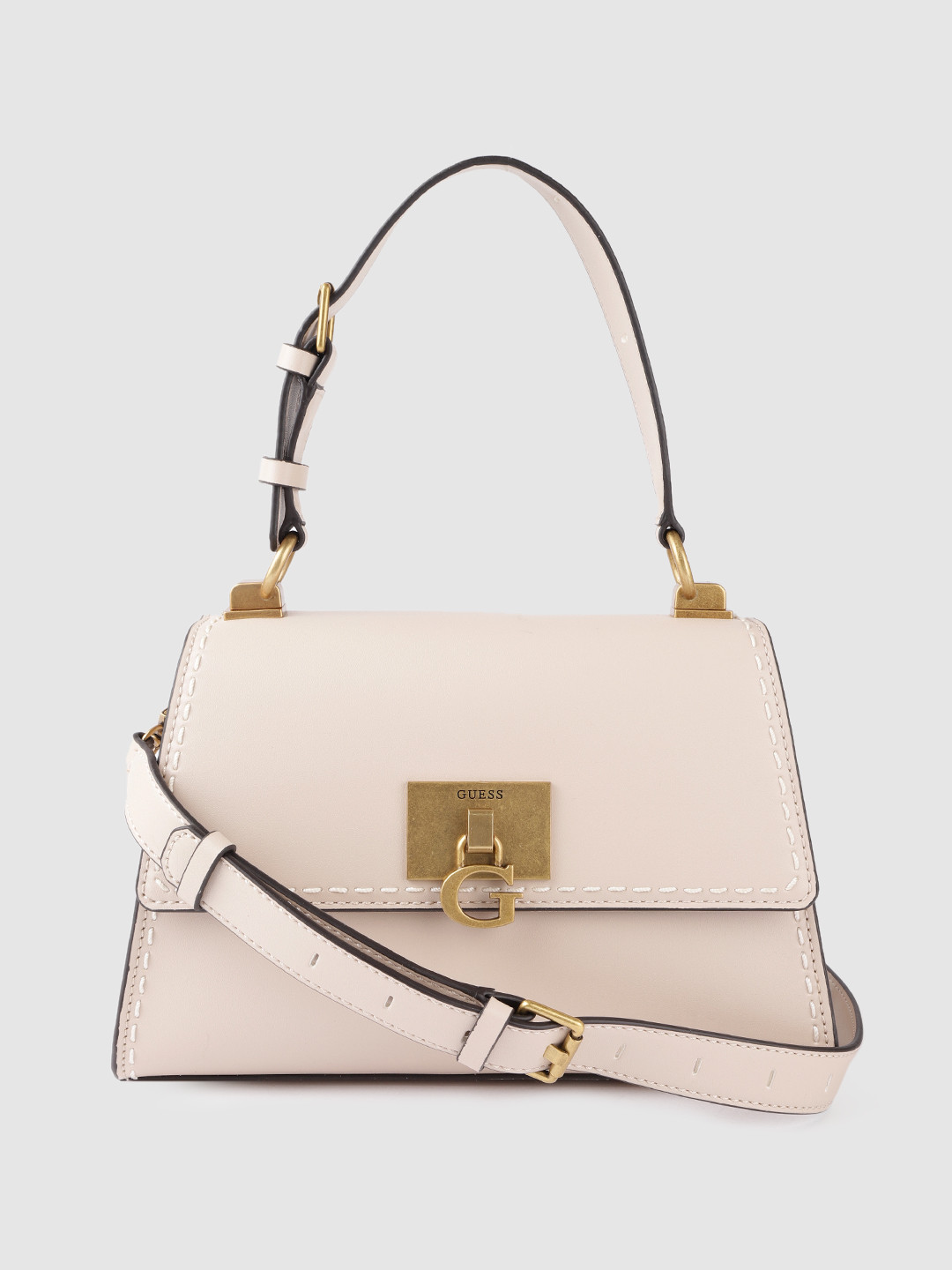 

GUESS Beige Solid Embroidered Detail Structured Satchel with Detachable Sling Strap