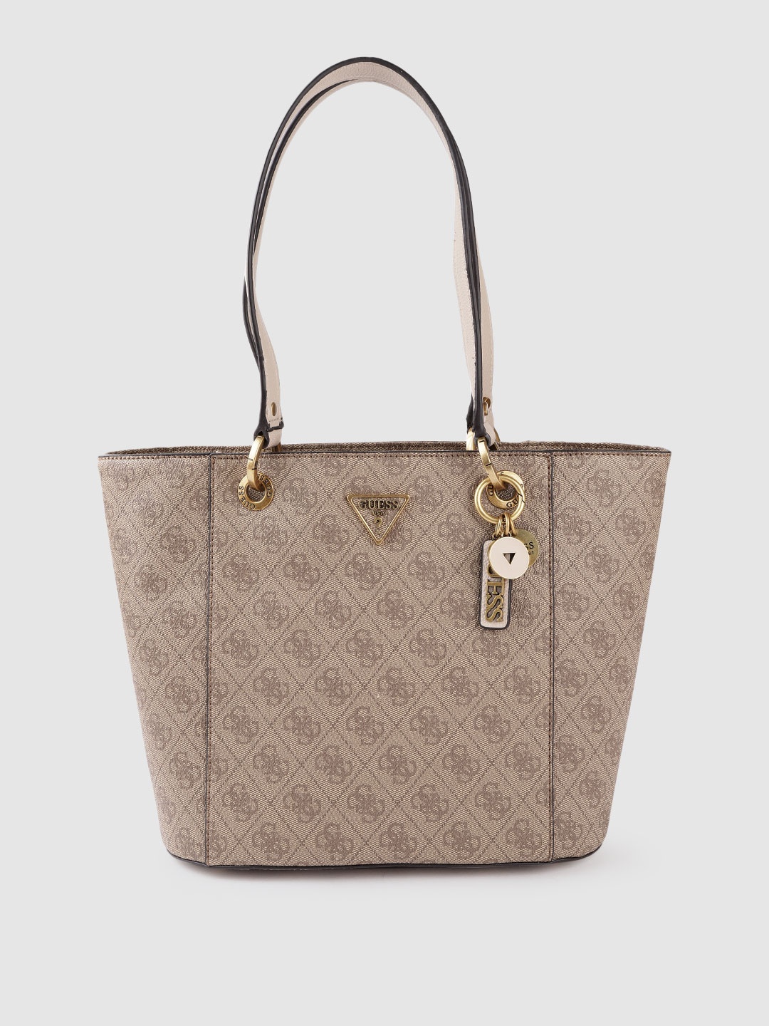 

GUESS Beige Checked & Brand Logo Print Structured Shoulder Bag with Tab