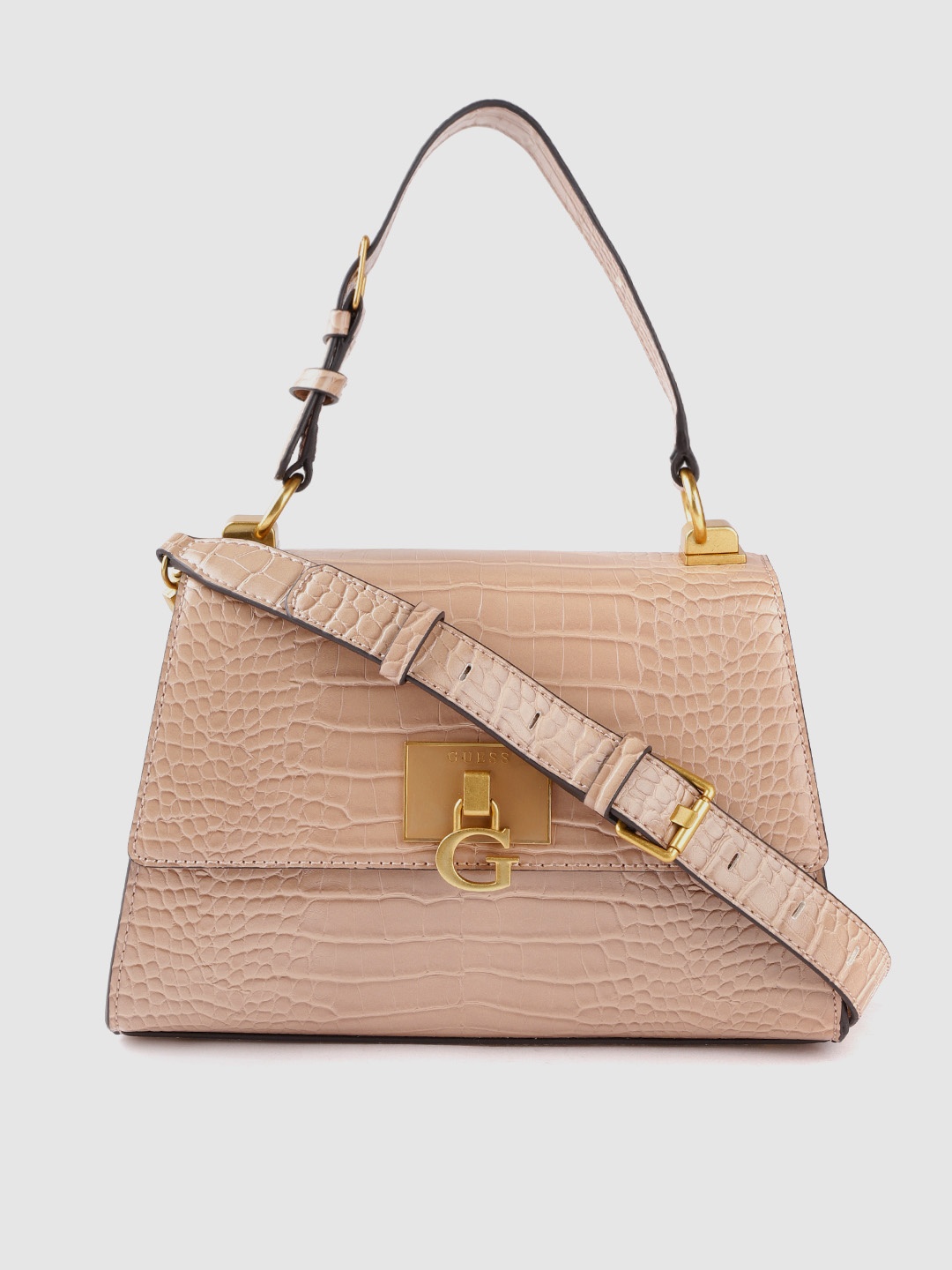 

GUESS Women Nude-Coloured Crocs Textured Structured Handheld Bag
