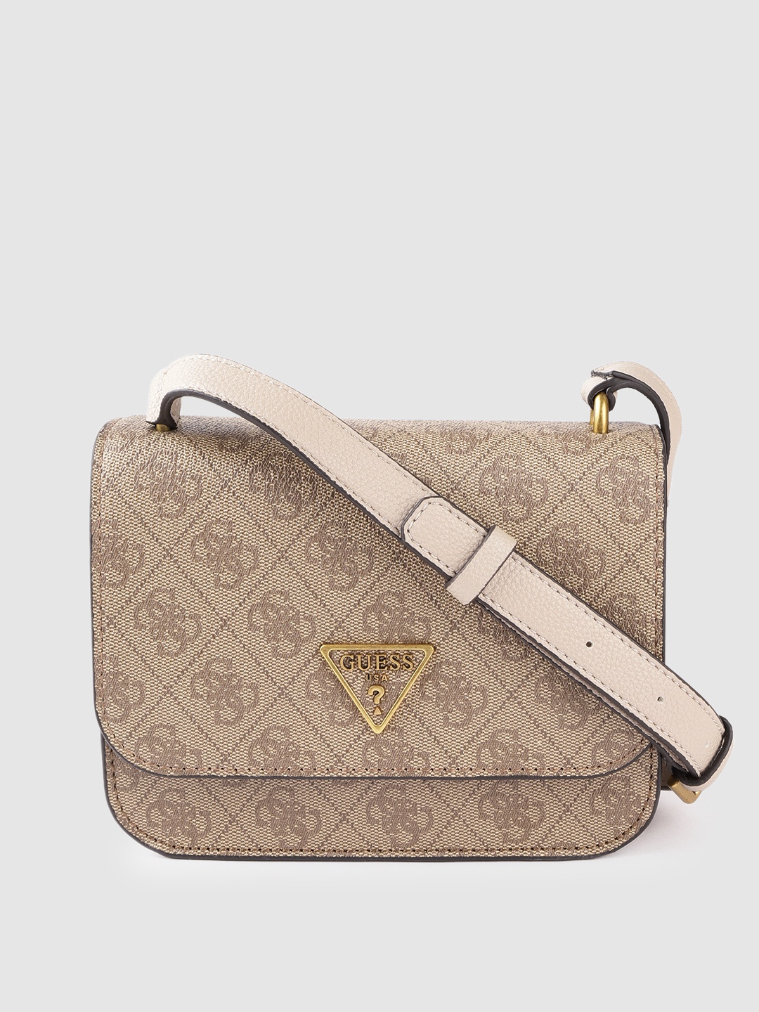

GUESS Beige Checked & Brand Logo Print Sling Bag with Detachable Sling Strap