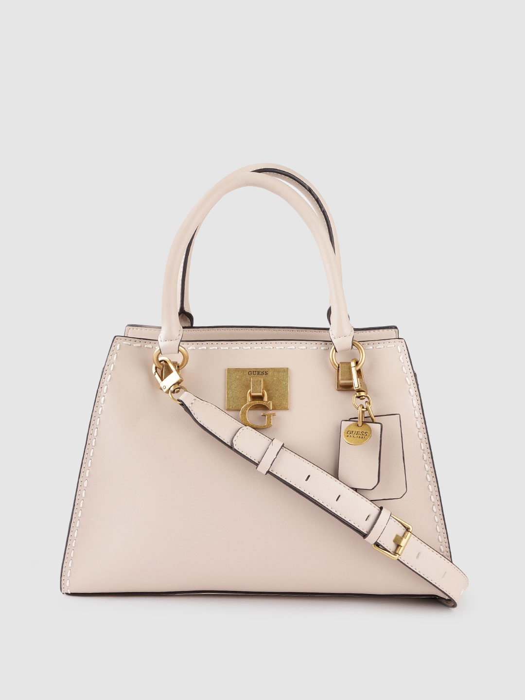 

GUESS Beige Solid Structured Handheld Bag with Tab & Detachable Sling Strap