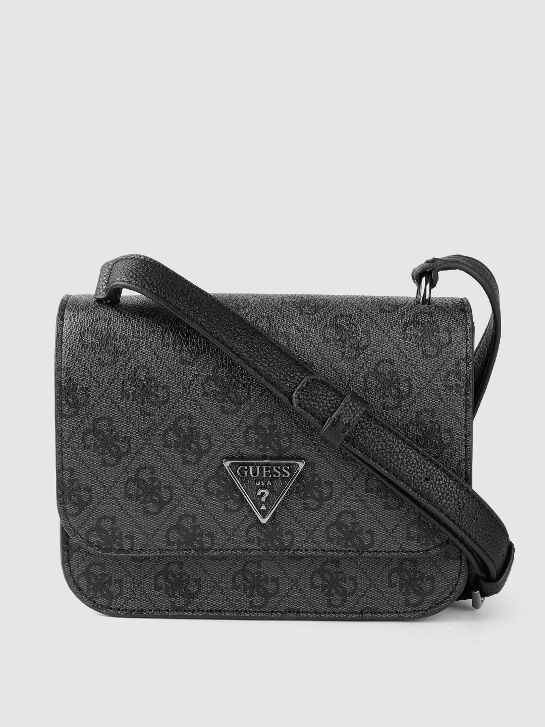 

GUESS Women Black Brand Logo Print Structured Sling Bag