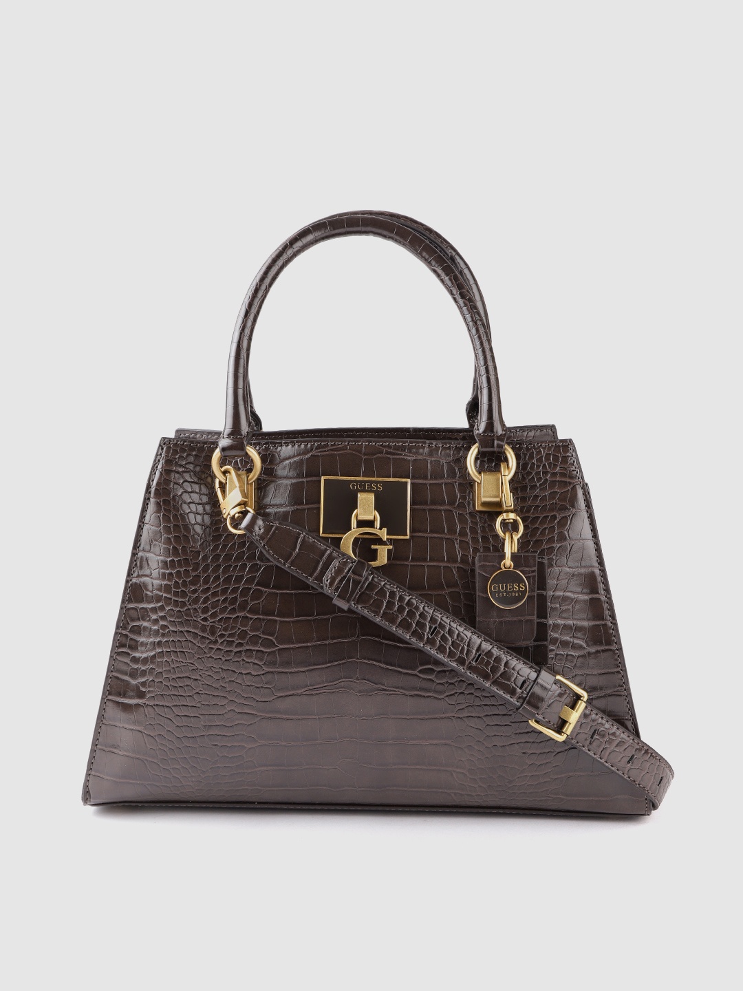 

GUESS Women Brown Crocs Textured Structured Handheld Bag