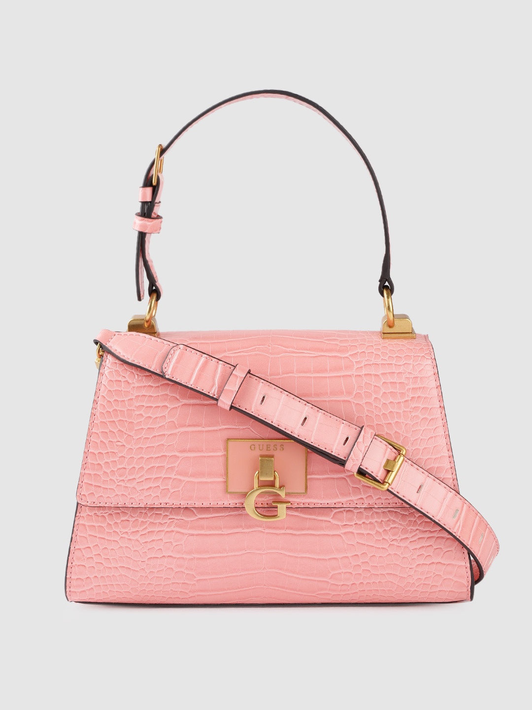 

GUESS Peach-Coloured Croc Textured PU Structured Satchel with Detachable Sling Strap