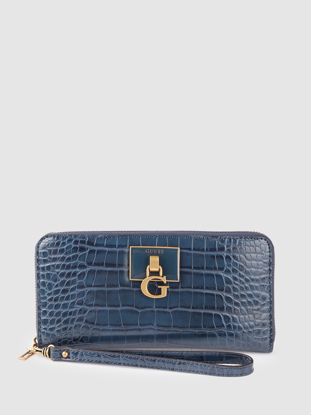 

GUESS Women Navy Blue Crocs Textured Zip Around Wallet