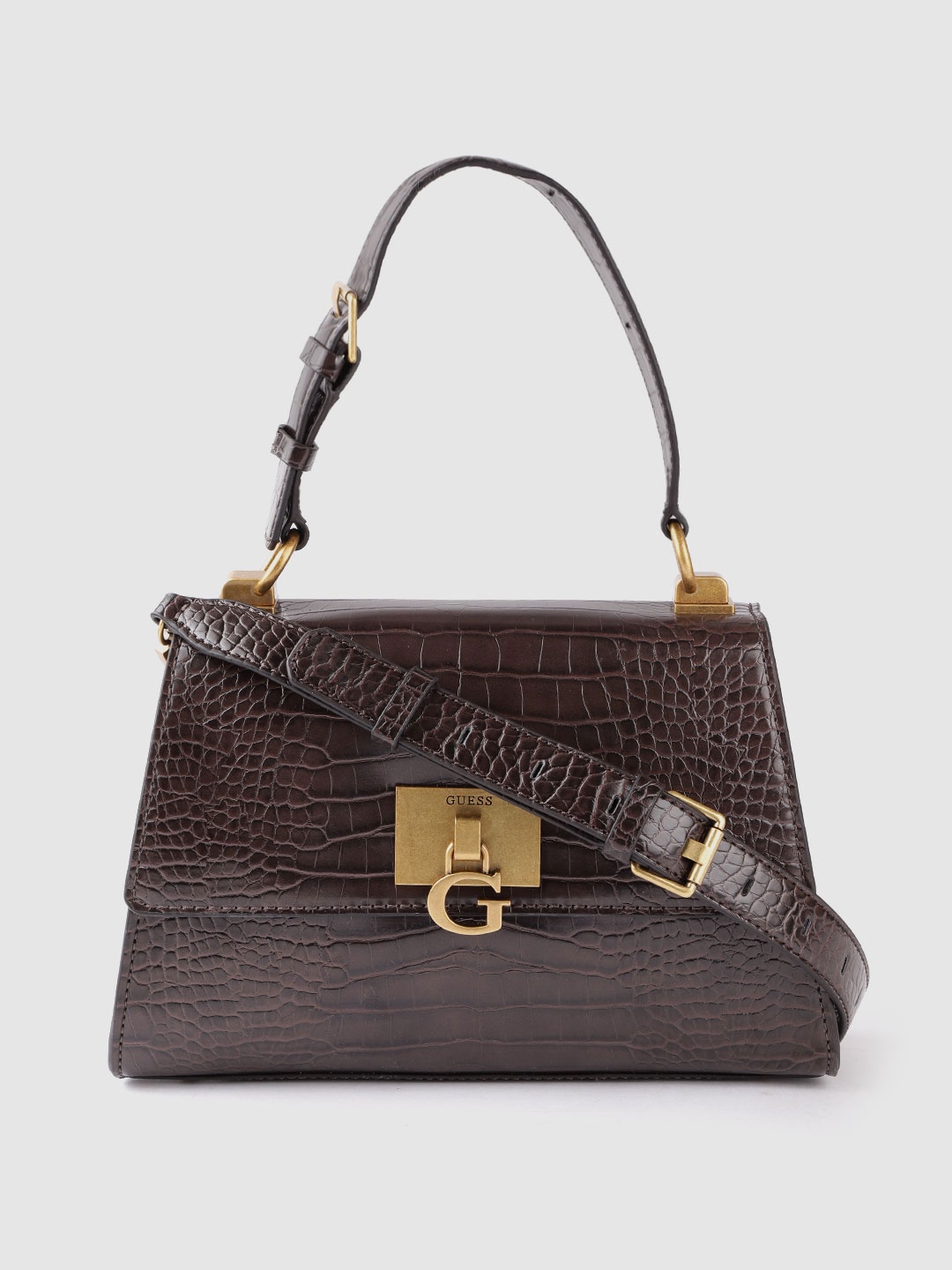 

GUESS Coffee Brown Croc Textured Structured Satchel with Detachable Sling Strap