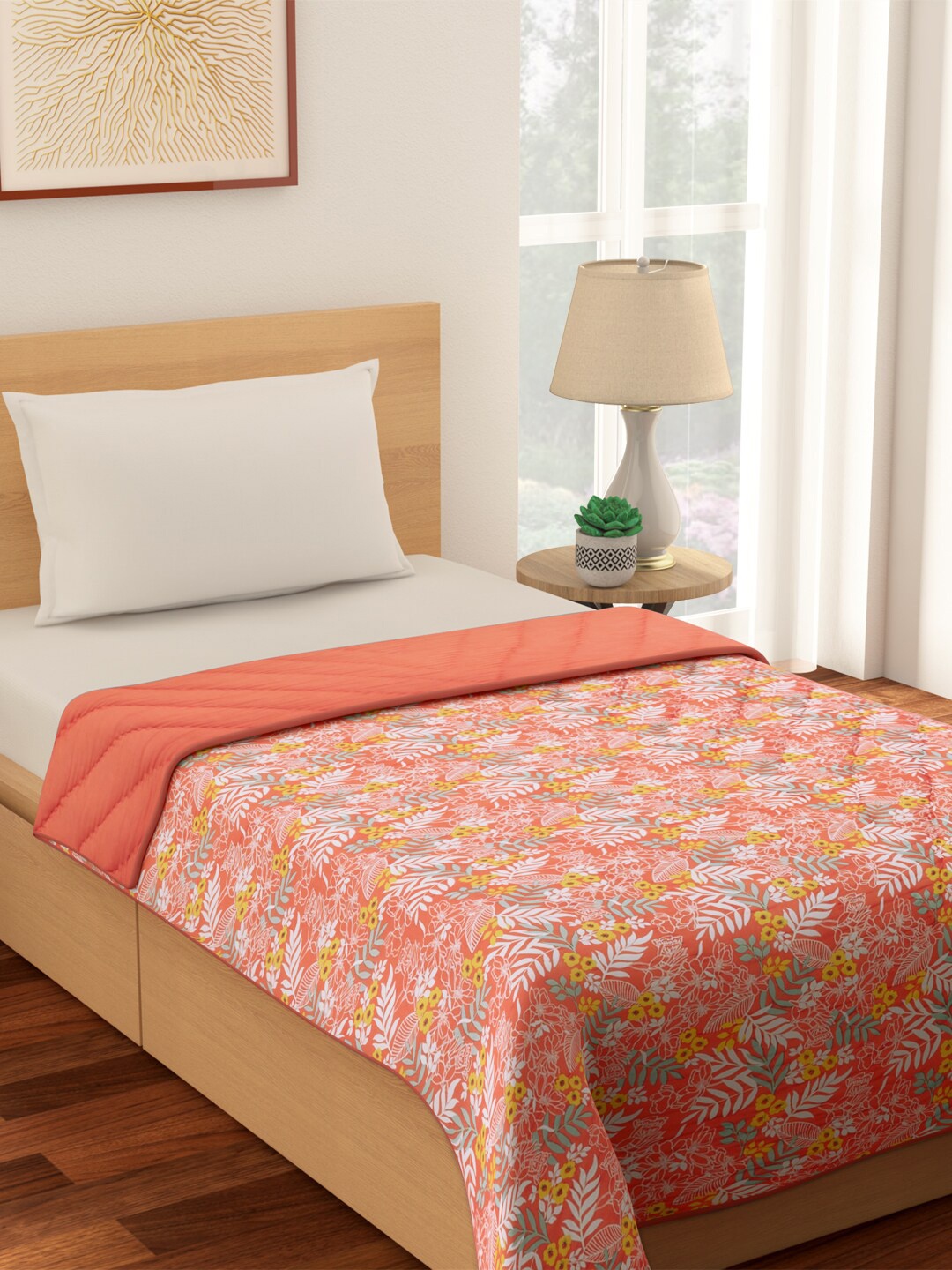 

Living scapes by Pantaloons Peach-Coloured & White Floral Mild Winter 210 GSM Single Bed Quilt