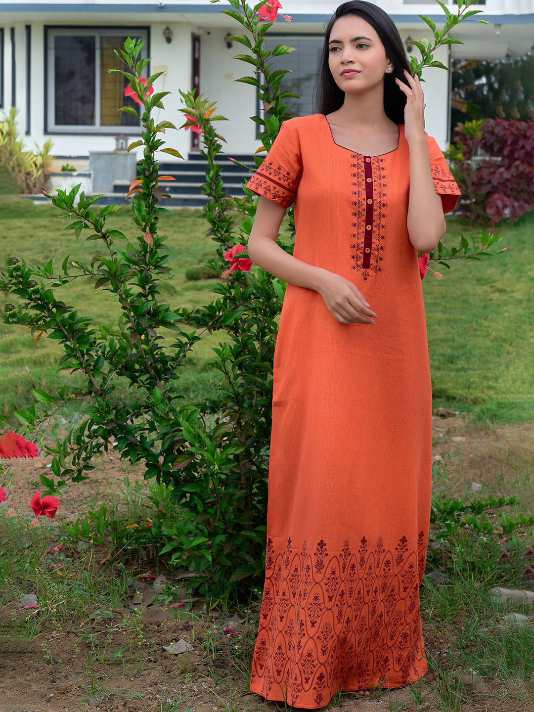 

Maybell Orange Ethnic Motifs Printed Pure Cotton Maxi Nightdress