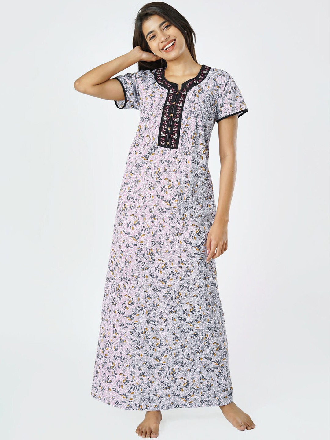 

Maybell Purple Embroidered Pure Cotton Maxi Nightdress