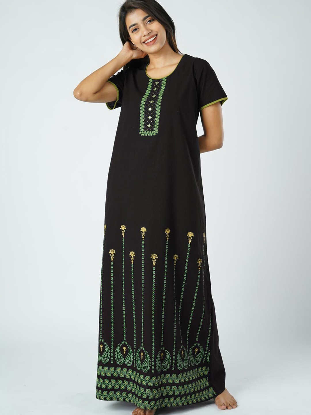 

Maybell Black & Green Printed Cotton Maxi Nightdress