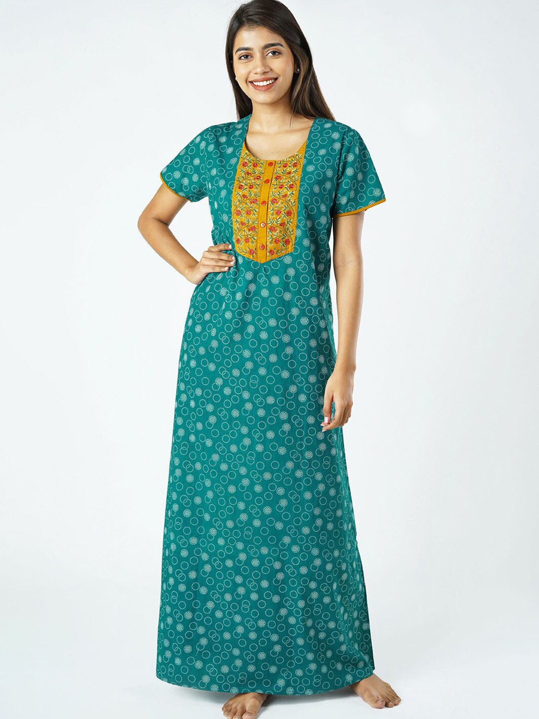 

Maybell Sea Green & Yellow Printed Pure Cotton Maxi Nightdress