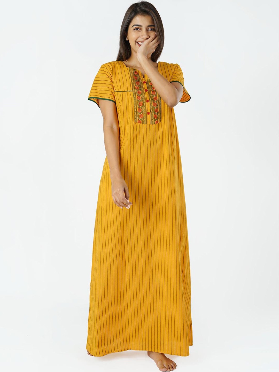 

Maybell Women Yellow Striped Cotton Maxi Nightdress