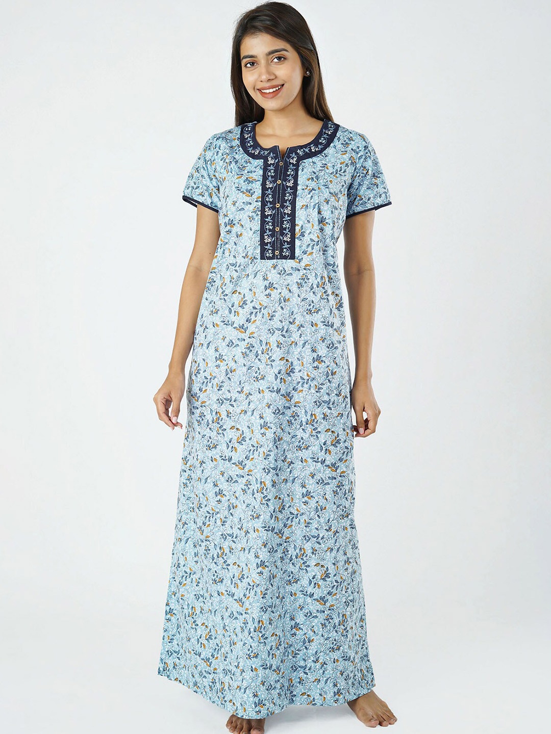 

Maybell Blue & Yellow Printed Cotton Maxi Nightdress