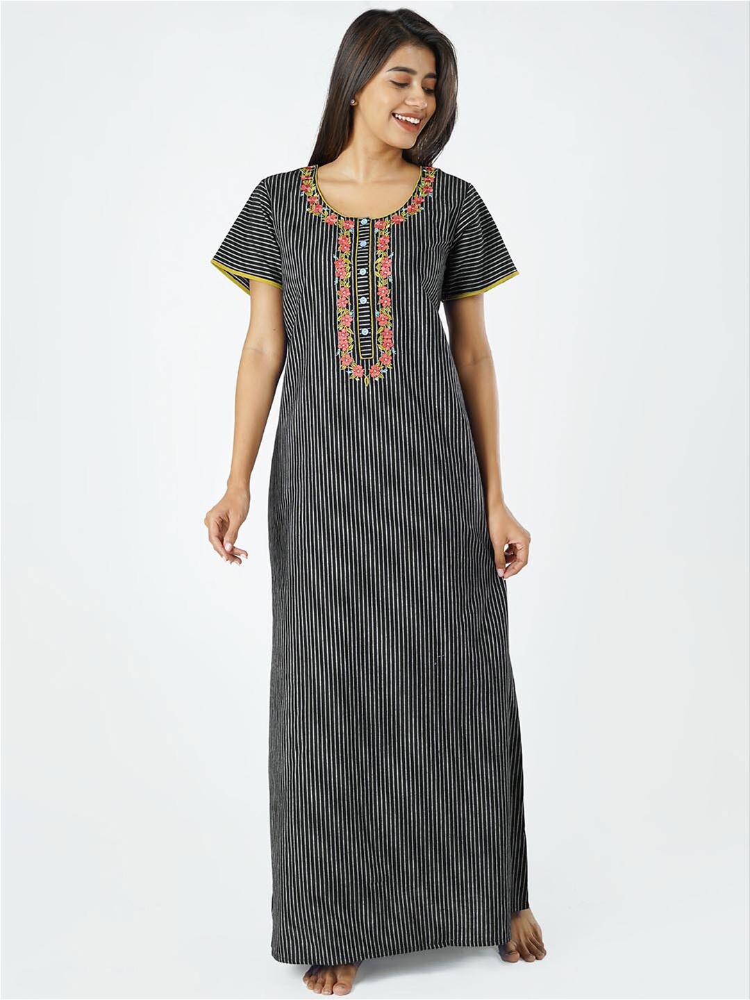 

Maybell Black Striped Pure Cotton Maxi Nightdress