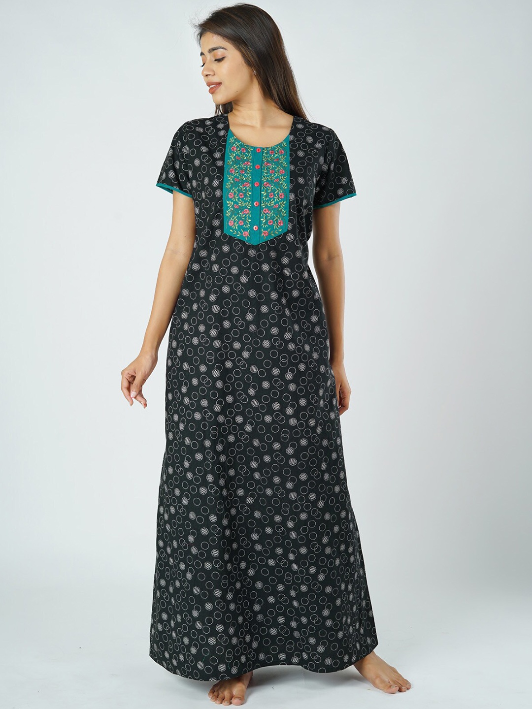 

Maybell Black Embroidered Pure Cotton Maxi Nightdress