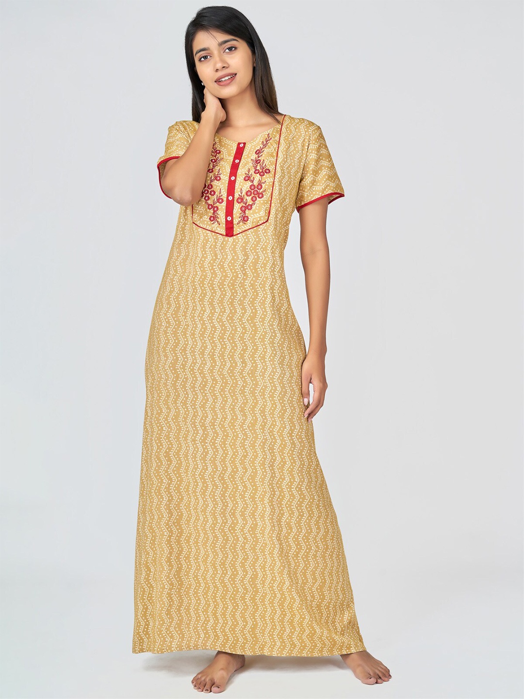 

Maybell Mustard Yellow & White Geometric Printed Maxi Nightdress