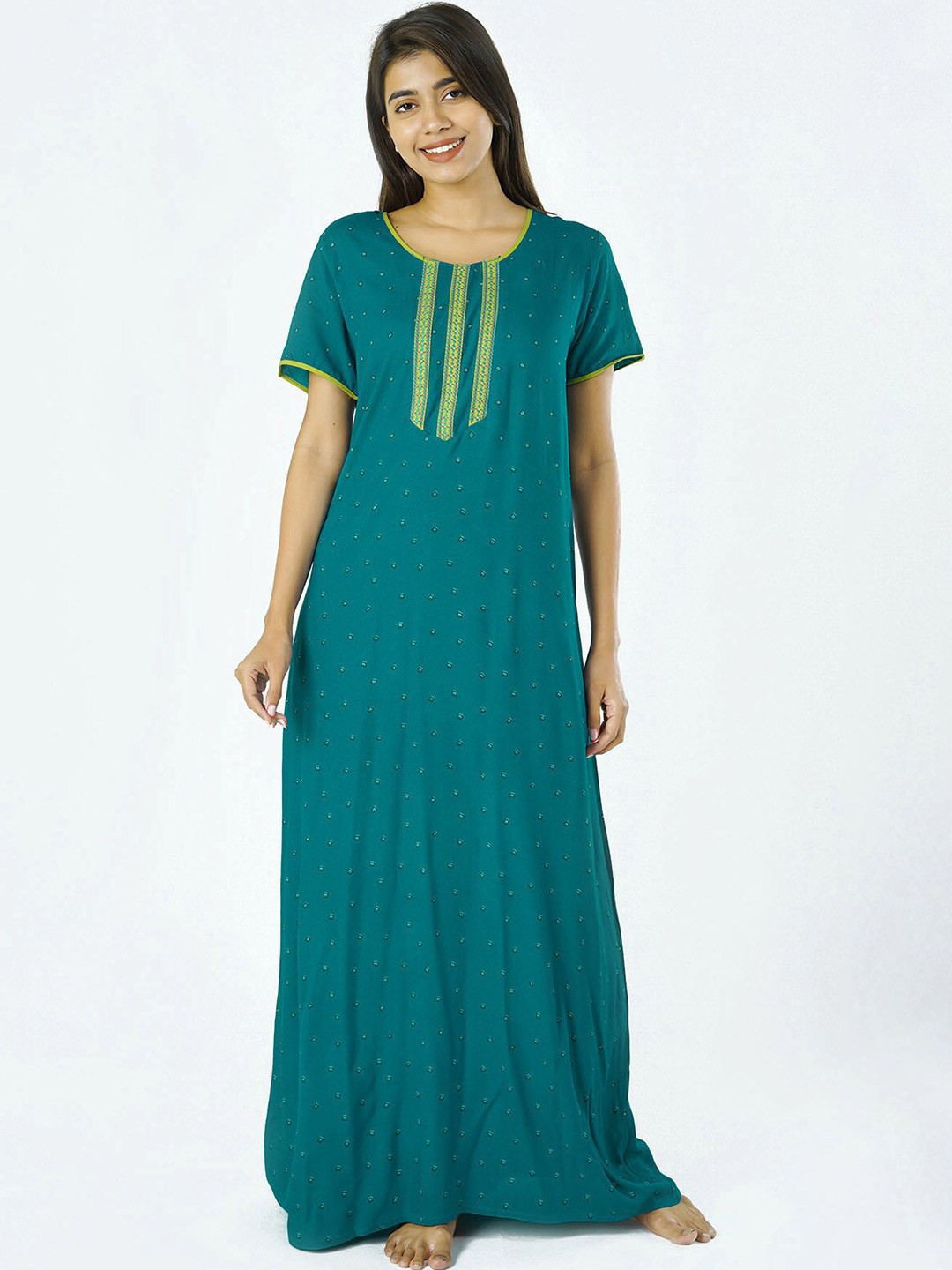 

Maybell Blue & Green Printed Cotton Maxi Nightdress